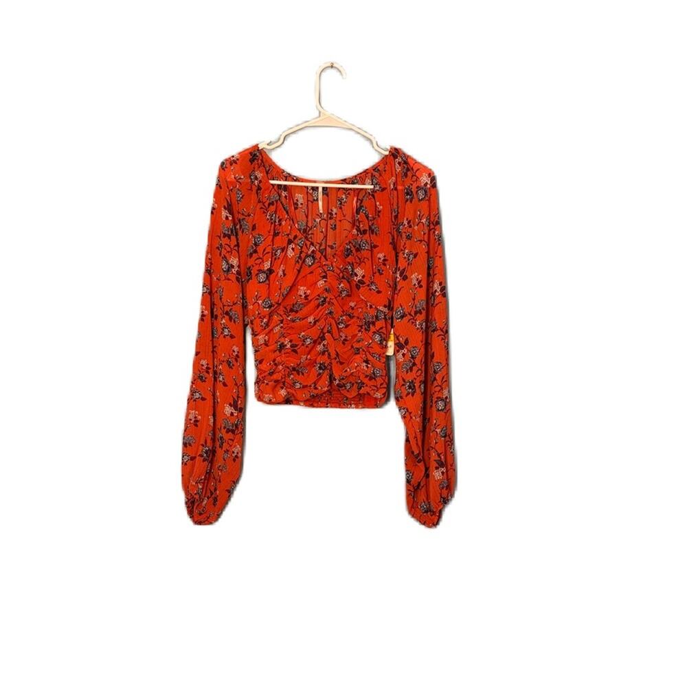 Free People Final Rose Ruched Top Rust Floral Deep V Balloon Sleeve Size S